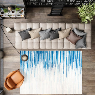 Linear Modern Half-Stripe Area Rug, Blue/Cream, 4 X 6