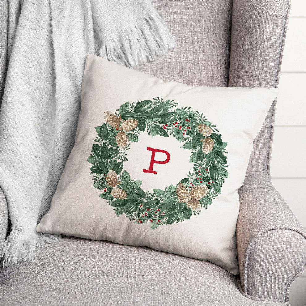 Christmas Wreath Monogram P 18x18 Spun Poly Pillow