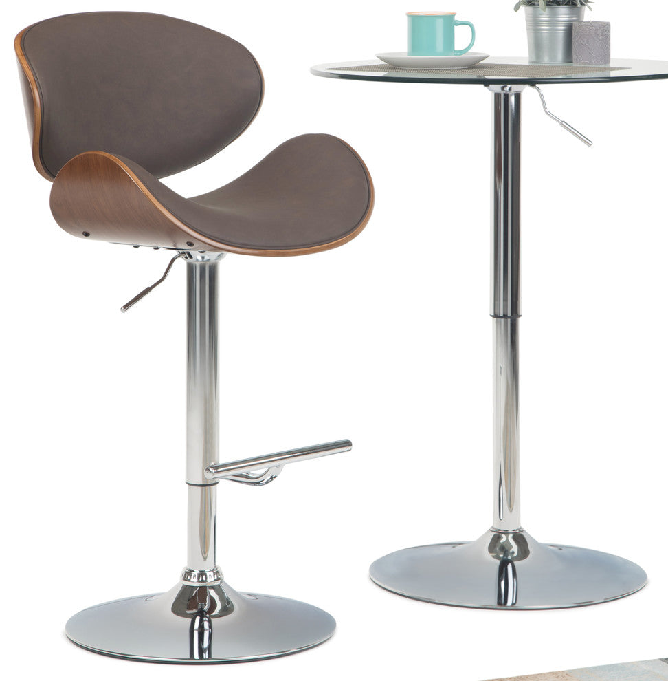 Marana Bentwood Adjustable Swivel Bar Stool, Distressed Brown Faux Leather