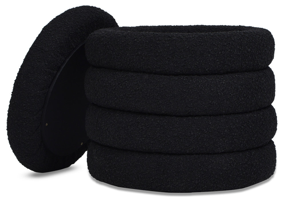 Fuji 19" Oversized Horizontal Tufted Round Storage Ottoman, Ebony Black Boucle