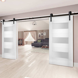 Double Barn Doors Opaque Glass / Sete 6003 White Silk / 13FT Rail, 60" X 80" ( 2* 30x80)