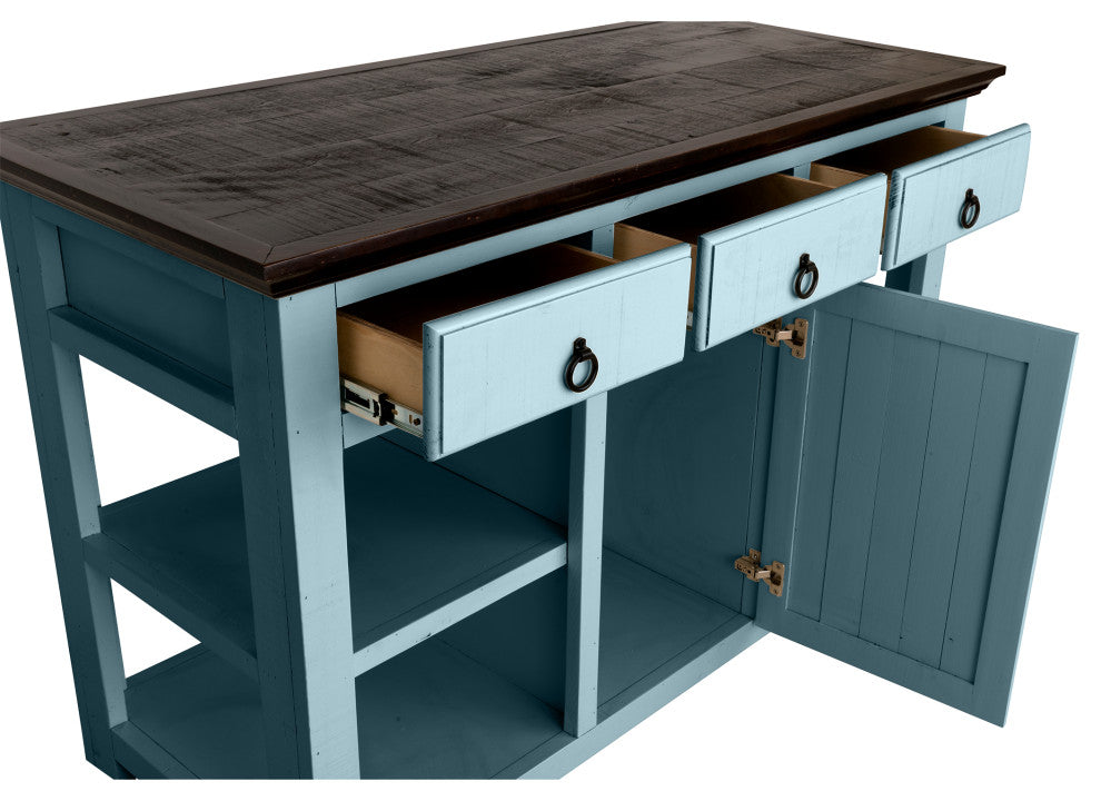60" Wide Rustic Kitchen island, Smokey Blue
