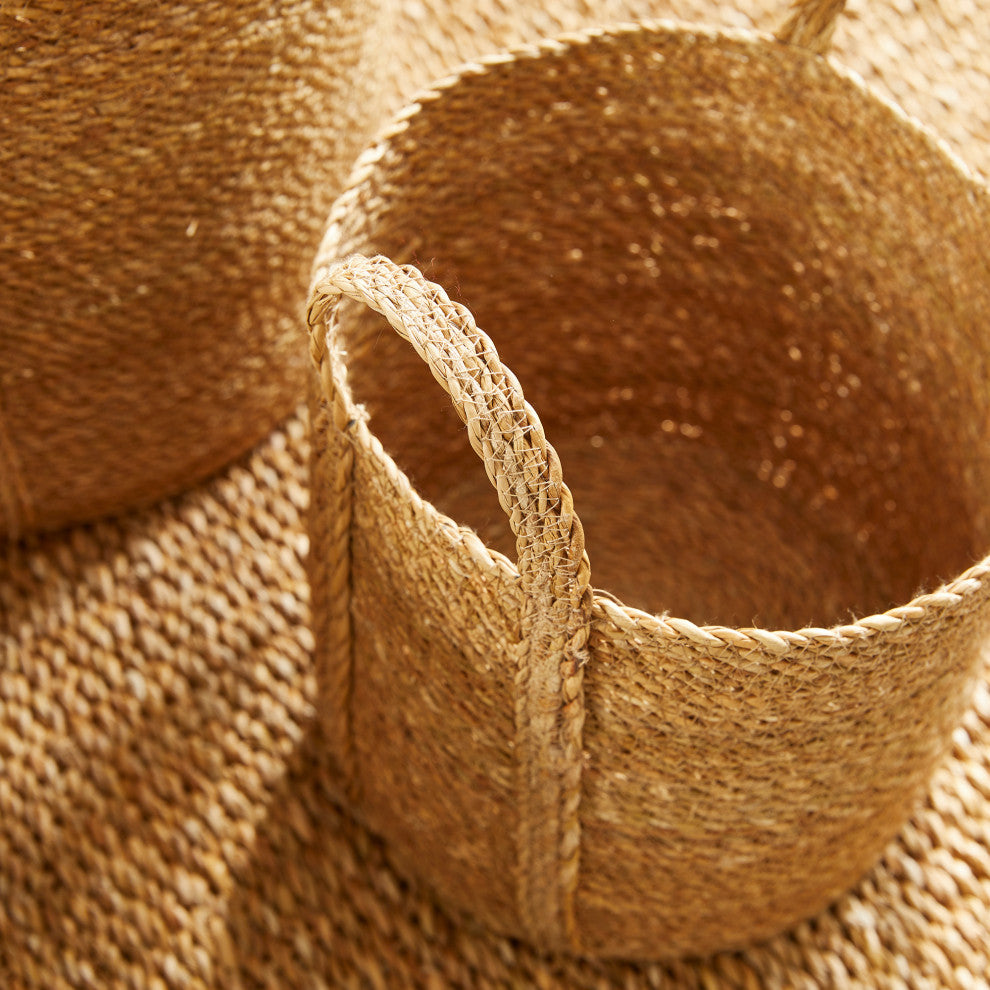 3-Piece Seagrass Round Basket Set With Long Handles
