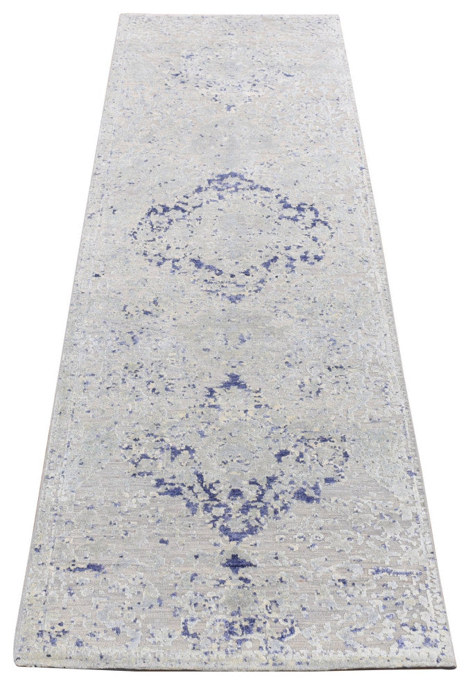 Ash Gray Cypress Tree Design Silk With Wool Hand Knotted Runner Rug 2'6"x8'5"