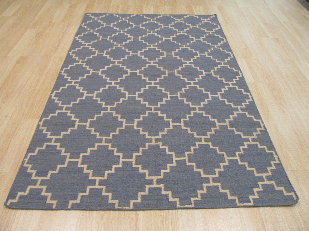 Handmade Wool Blue Contemporary Trellis Flatweave Reversible Moroccan Rug, 8'x10'