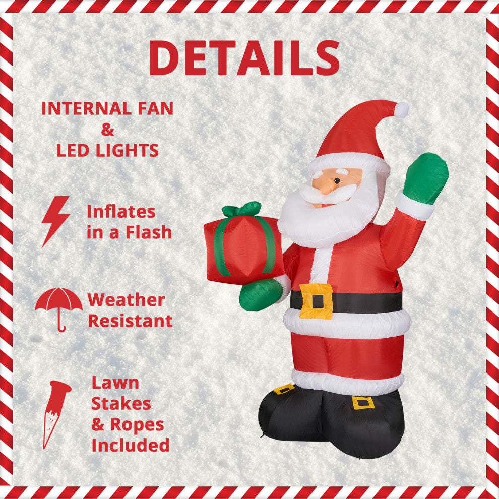 10' Tall Santa Claus Holding a Gift, Blow Up Inflatable With Lights
