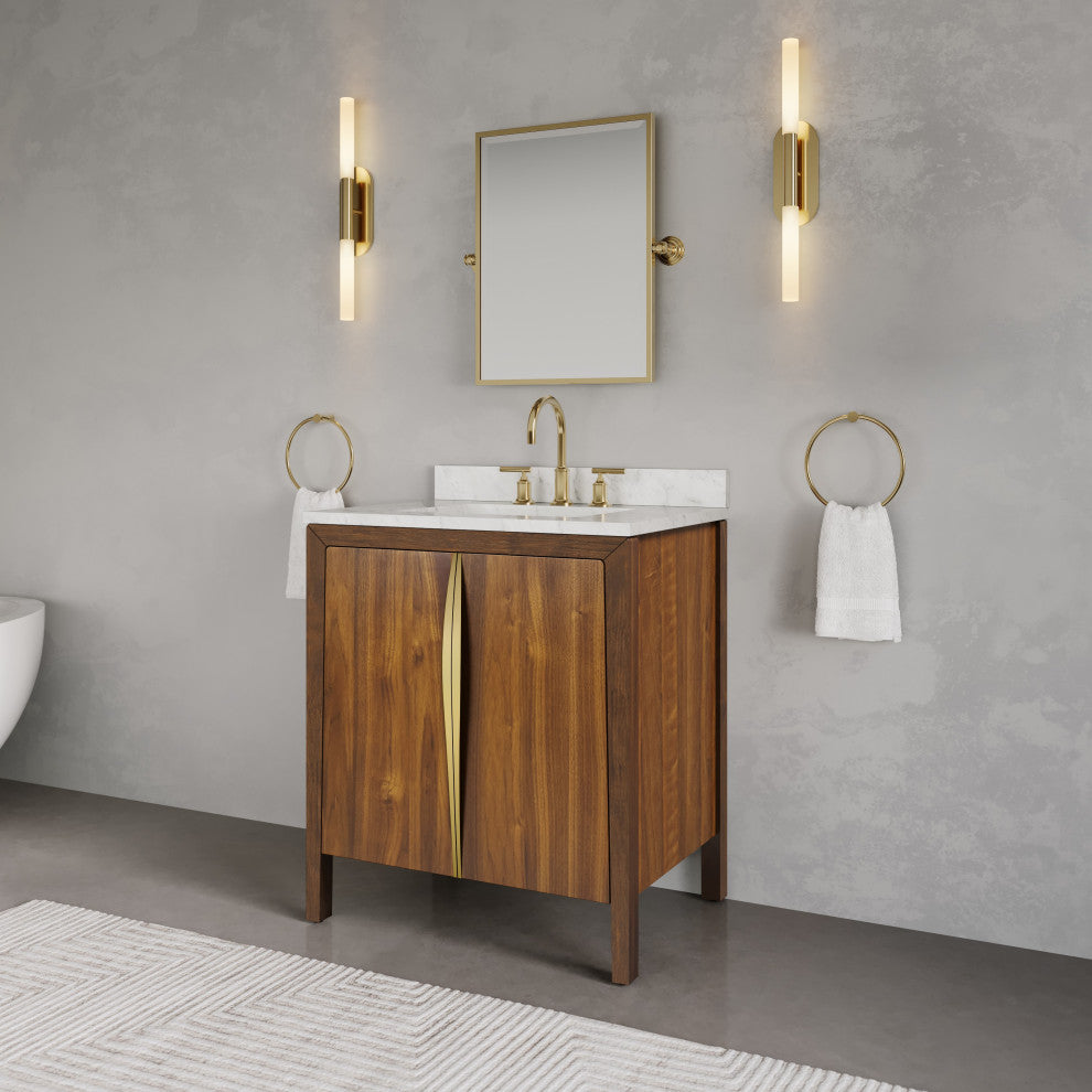 Ferrero Marble Top Bath Vanity, Nori Juglans, 30, Single Sink, Satin Gold Faucet
