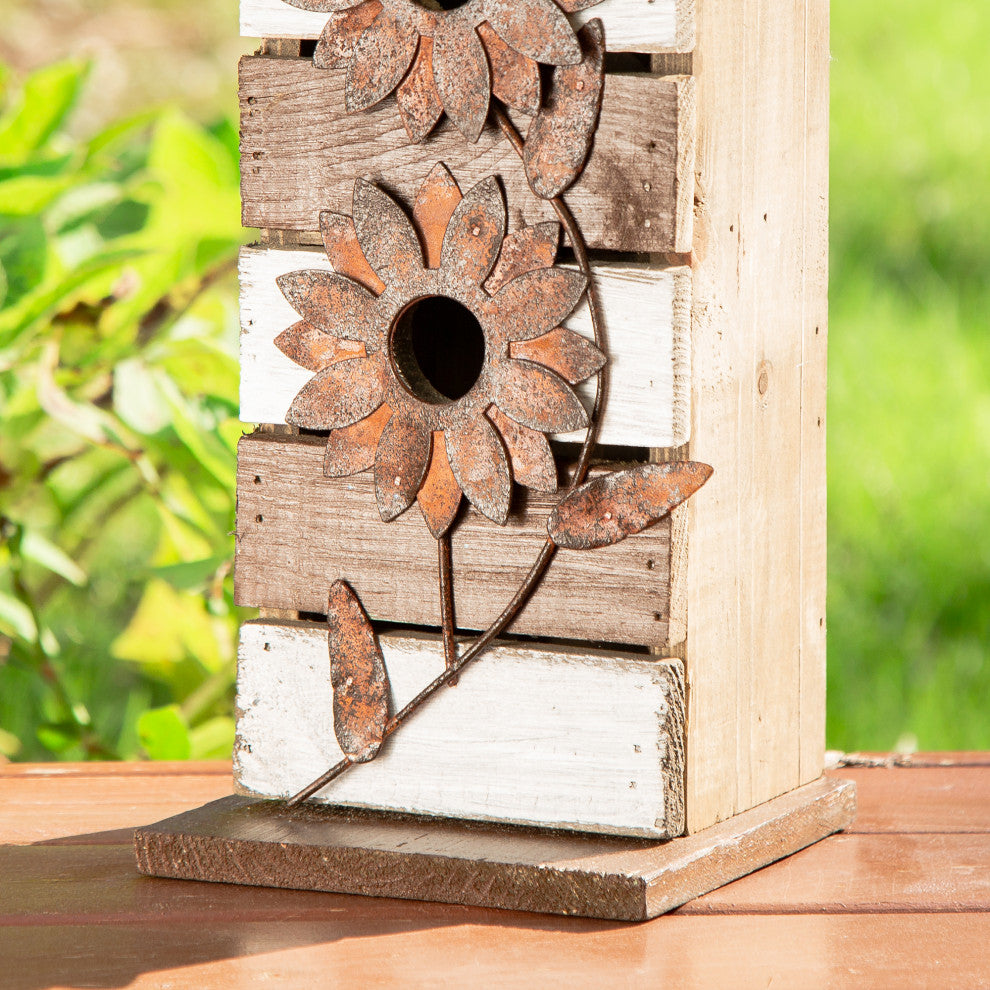 14.5"H Brown/White Two-Tiered Distressed Solid Wood Birdhouse
