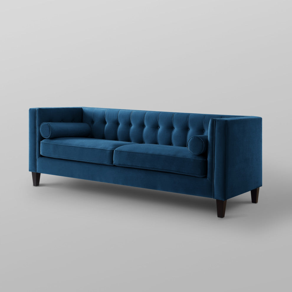 Branwen Velvet Button Tufted Sofa, Square Arms Tapered Leg, Navy