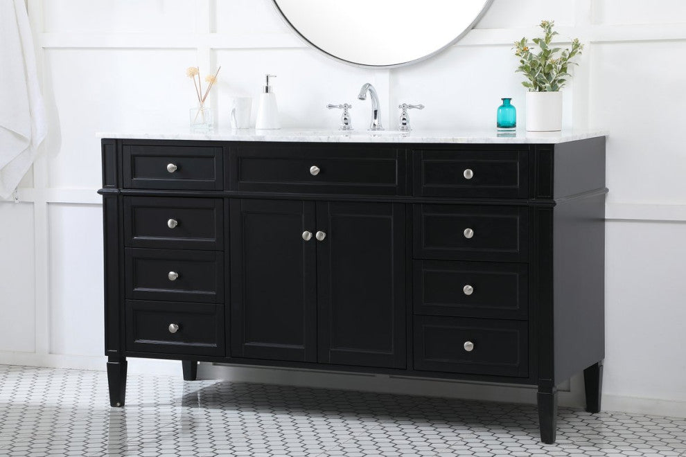 Home Living Vanity with Carrara White Marble Countertop, Black, 60", Single Sink