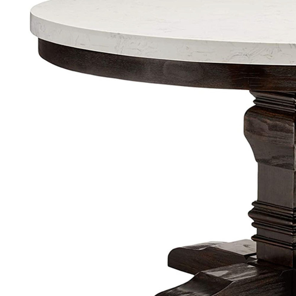 ACME Nolan Dining Table WithPedestal, White Marble and Salvage Dark Oak