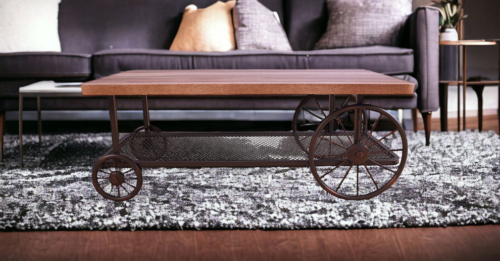 Rectangular Oak Finish Coffee Table With Metal Mesh Bottom Shelf