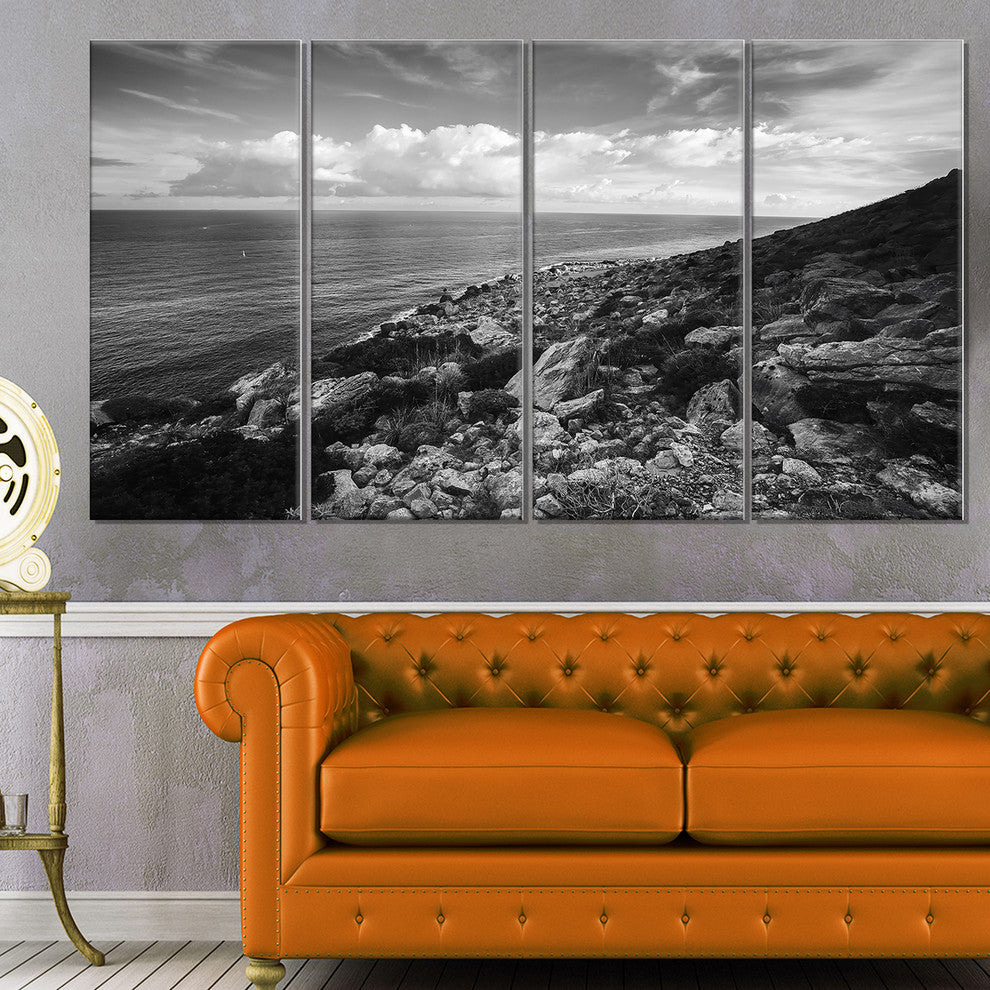 "Sunrise Over Sicily Black And White" Beach Canvas Wall Art, 4 Panels, 48"x28"