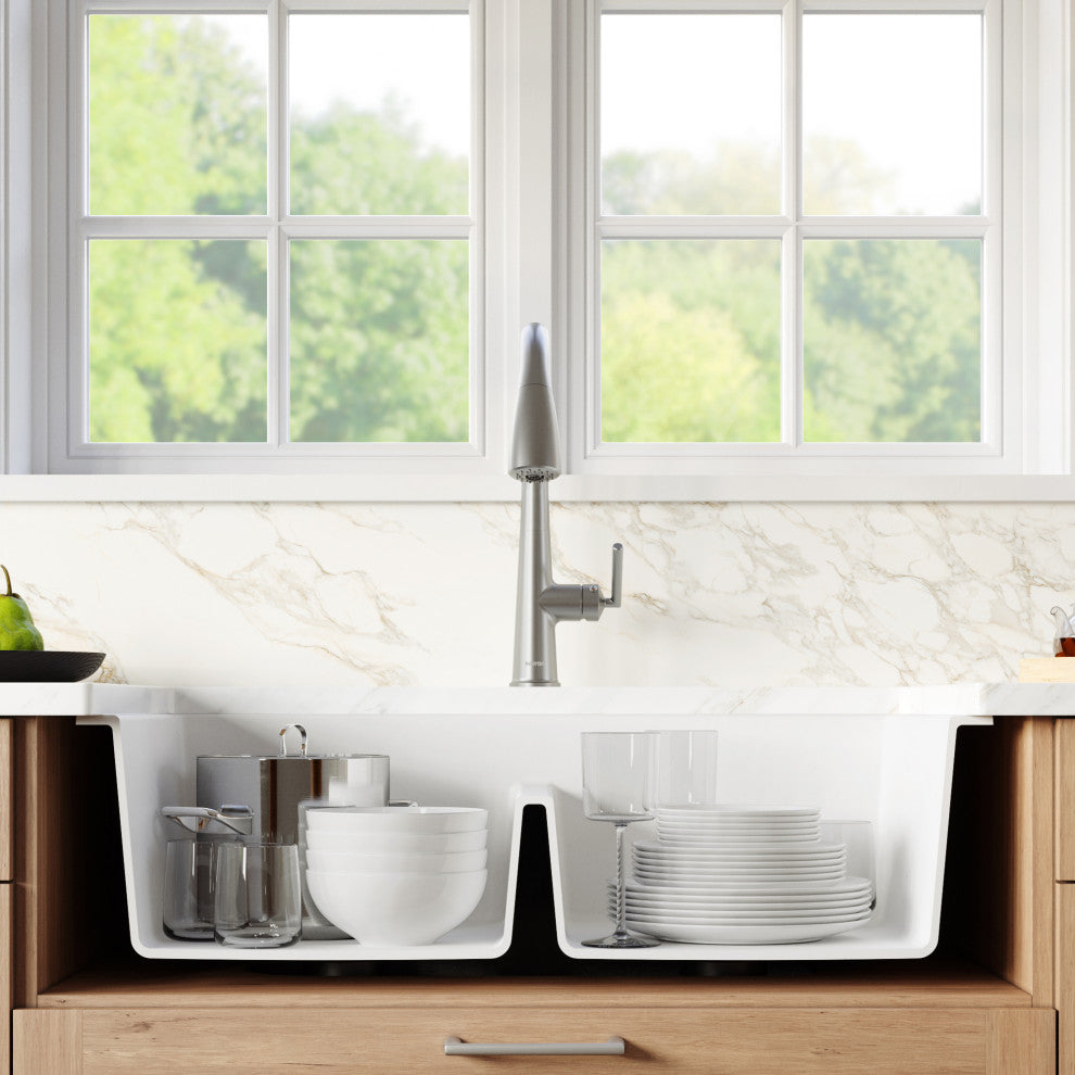 Karran Retrofit Farmhouse Quartz 34" Double Bowl Sink, White