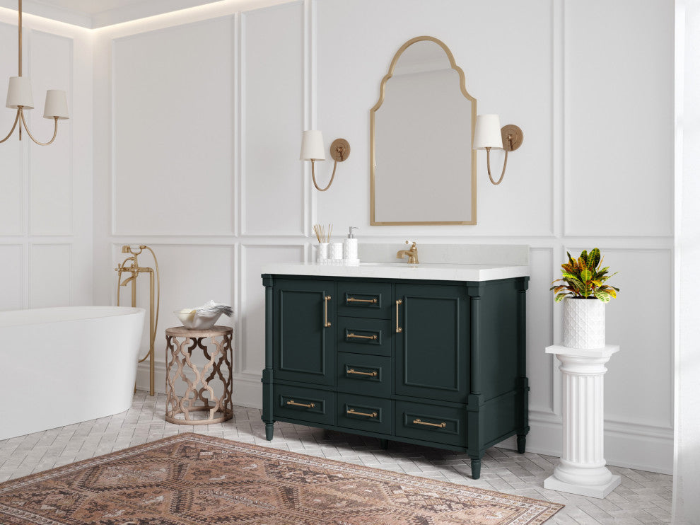 Aberdeen 48 Single Sink Bath Vanity in Dark Forest Green 2" White Quartz