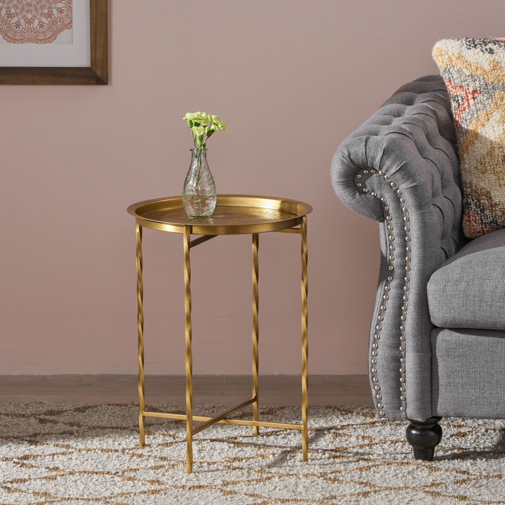 Hannah Vintage Style Handcrafted Iron Tray Top Side Table, Gold