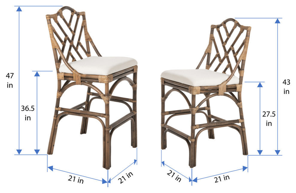 Chippendale Rattan Barstool, Antique Brown and Off-White Upholstery