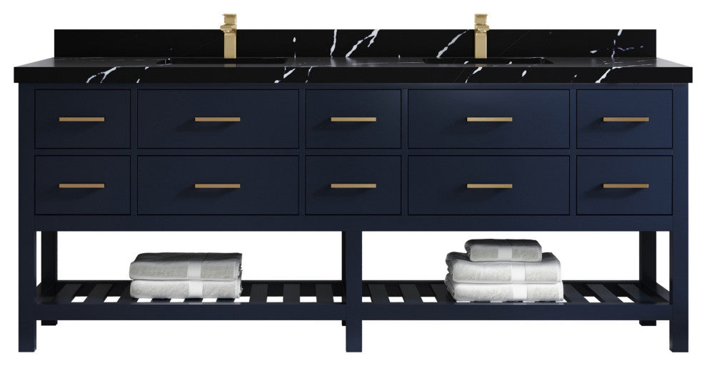 Parker 84" Double Sink Bath Vanity, Navy Blue 2" Calacatta Black