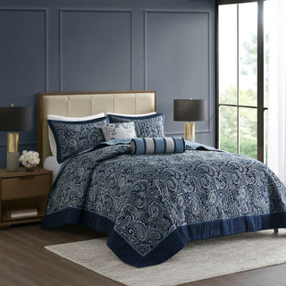 Madison Park Aubrey 5 Piece Reversible Jacquard Bedspread Set, Navy