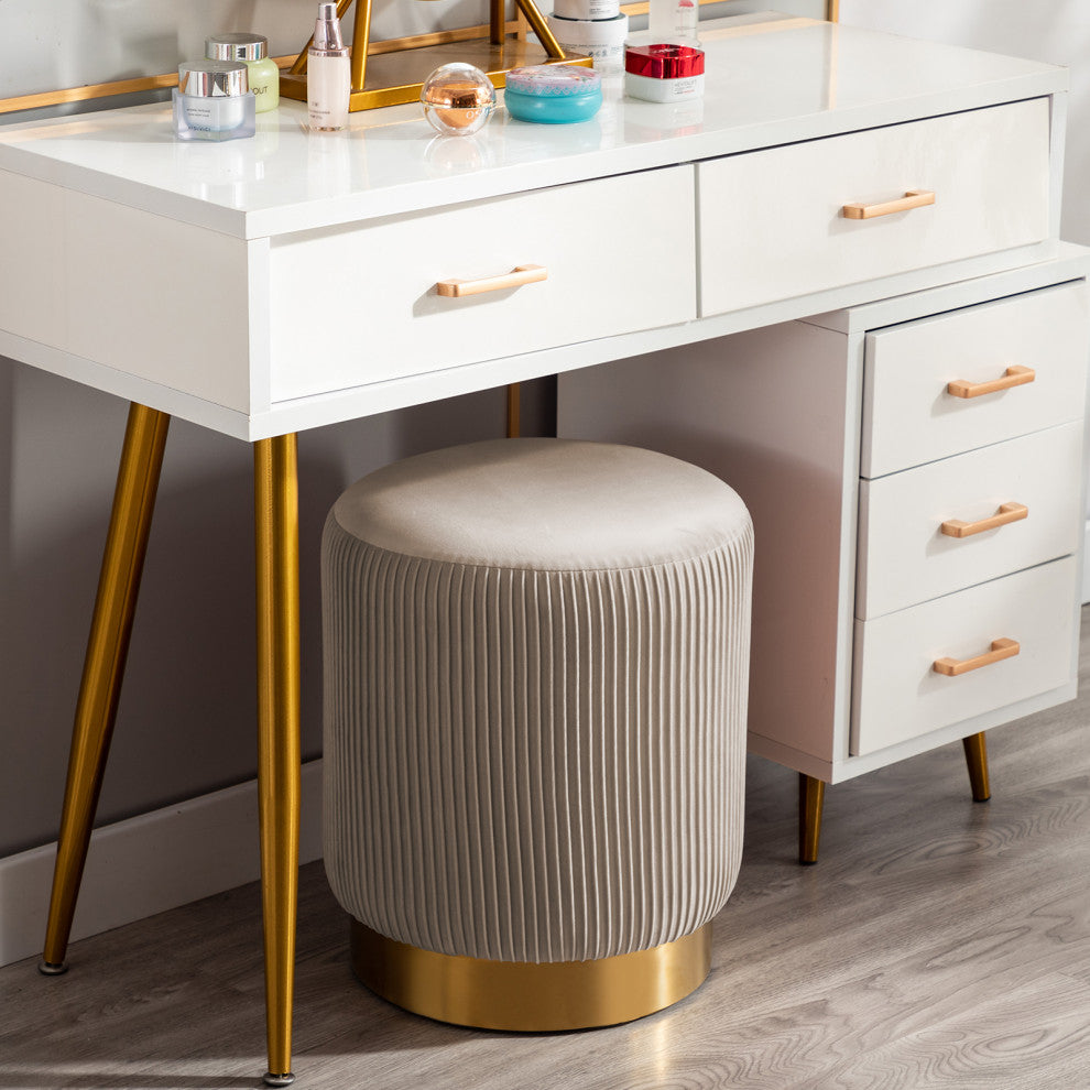 Round Pleated Golden Base Velvet Ottoman, Khaki