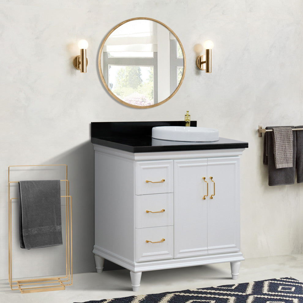 37" Single Vanity, White Finish With Black Galaxy