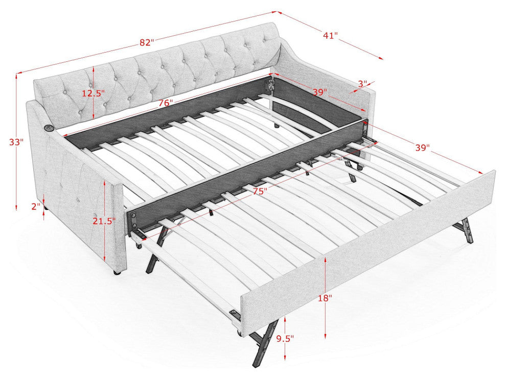 Gewnee Twin Size Upholstery DayBed with Twin Size Erectable Trundle