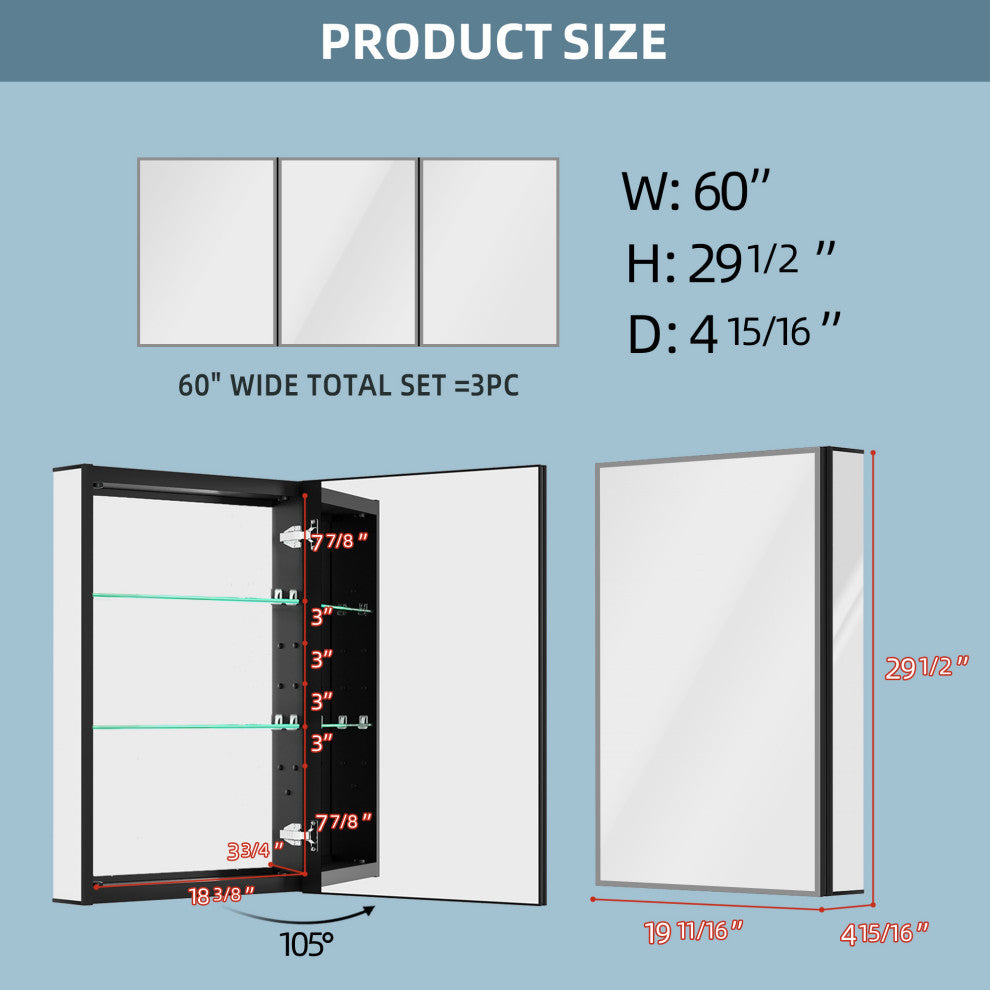 40'' W 30'' H Recessed Frameless Medicine Cabinet Mirror 6 Adjustable