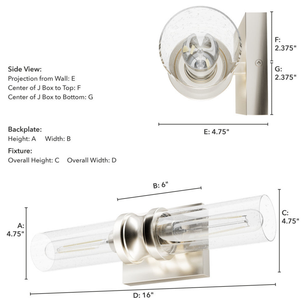 Lenlock Brushed Nickel, Clear Seeded Glass Glass 2 Light 16" Vanity Wall