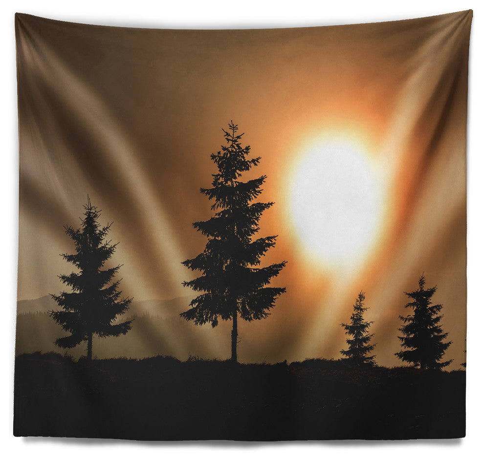 Bright Sunrise Tree Silhouette Landscape Wall Tapestry, 39"x32"