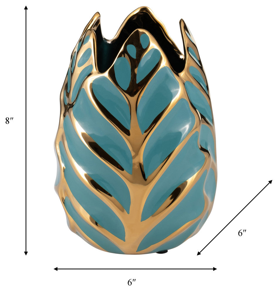 Ceramic 8"H Leaf Vase, Turquoise/Gold