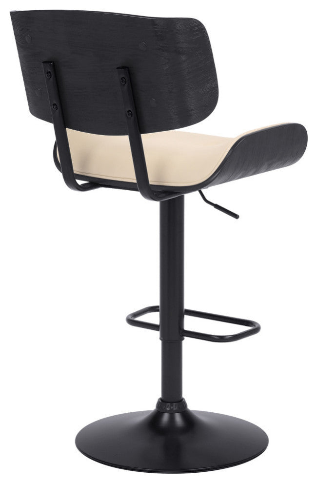 Brooklyn Adjustable Swivel Faux Leather and Wood Bar Stool With Metal Base, Cream and Black