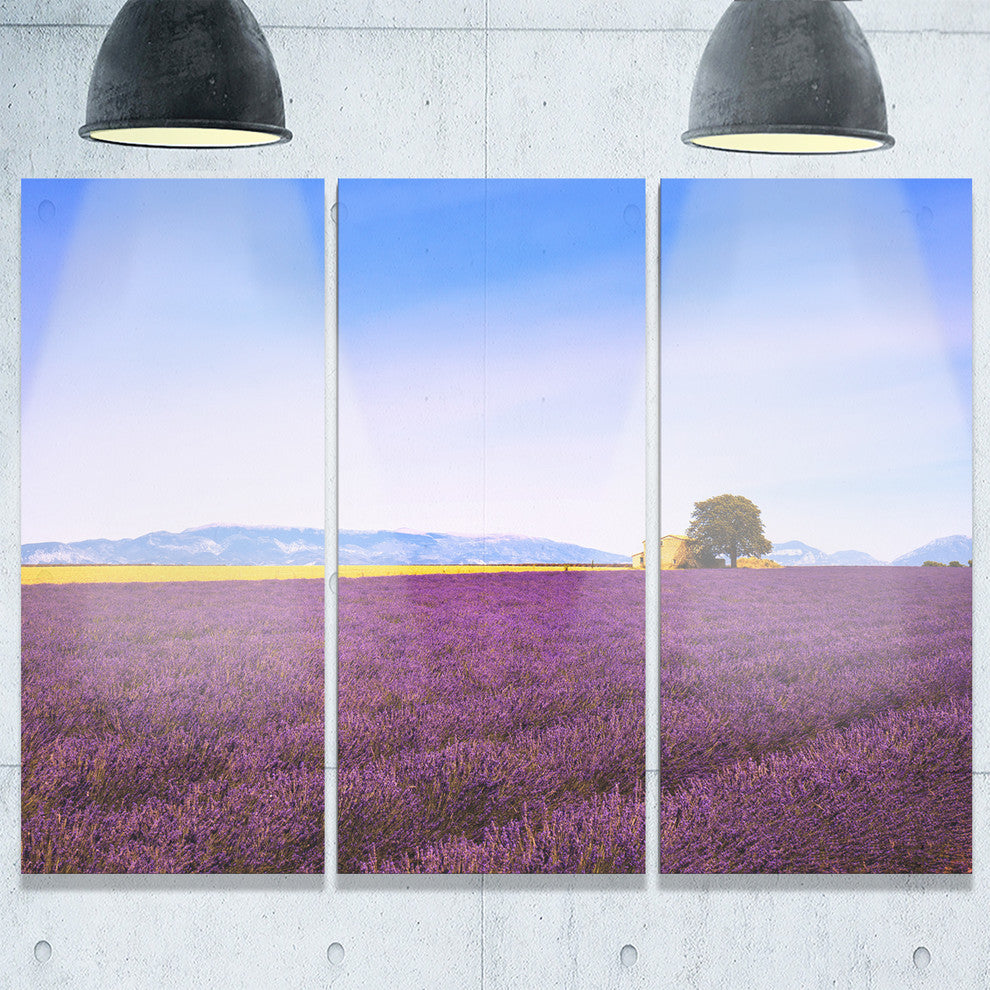 "Lavender Flowers With Old House" Metal Wall Art, 3 Panels, 36"x28"