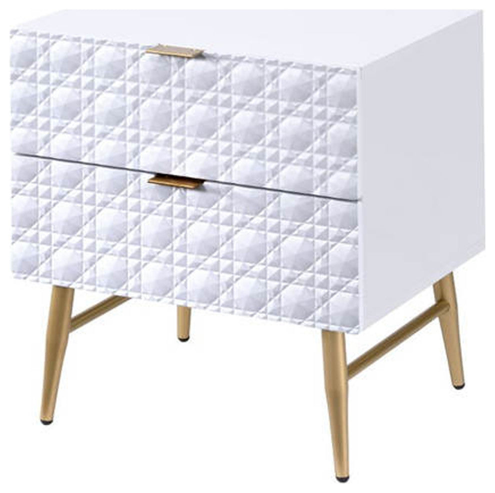 Two Drawers Wooden Nightstand with Textured Front Panel and Tapered Legs, White