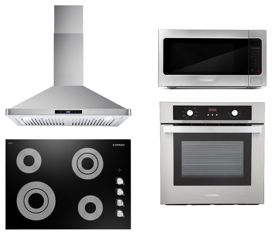 4 Piece, 30" Cooktop 30" Wall Mount Range Hood 24" Wall Oven & 24.4" Microwave