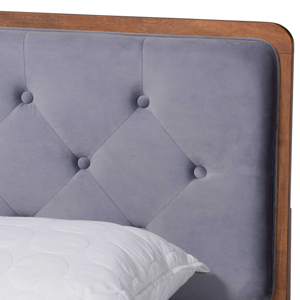 Janine Modern Velvet Fabric Upholstered Platform Bed, Gray, King