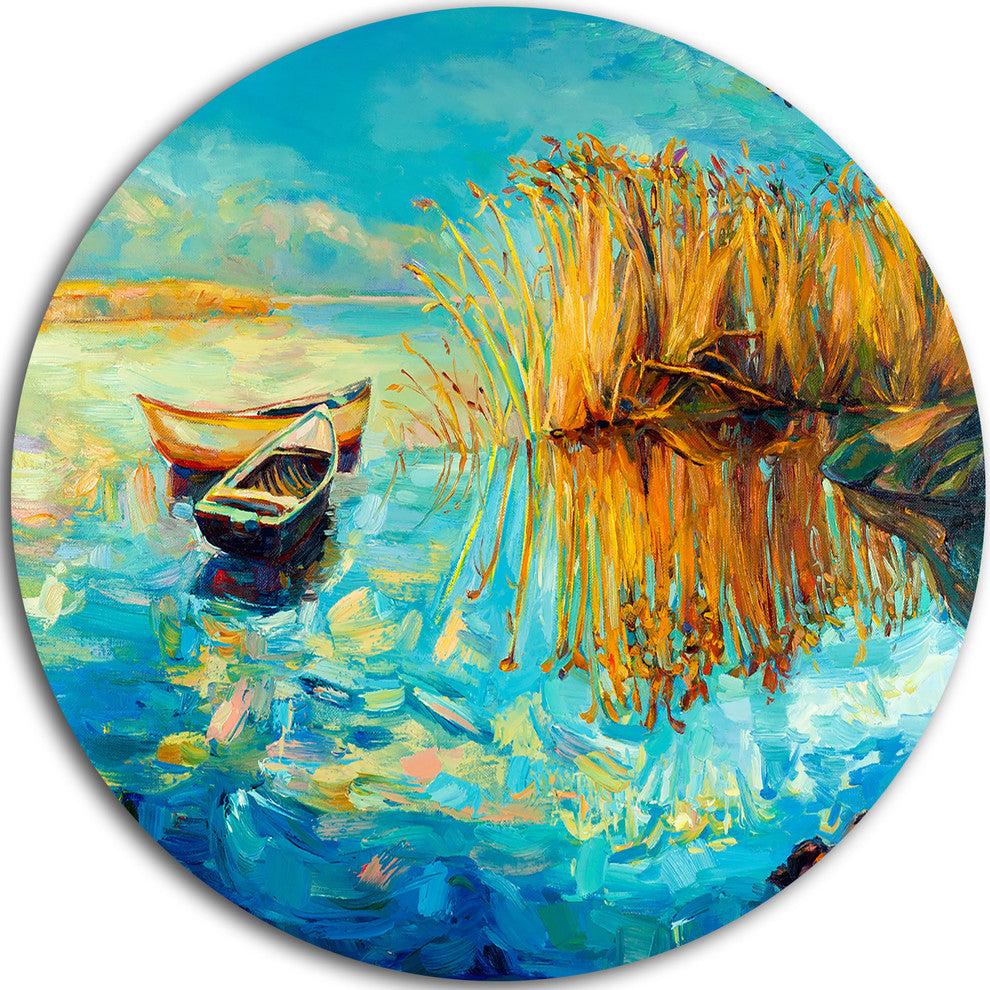 Colorful Lake With Boats, Seascape Painting Disc Metal Wall Art, 23"