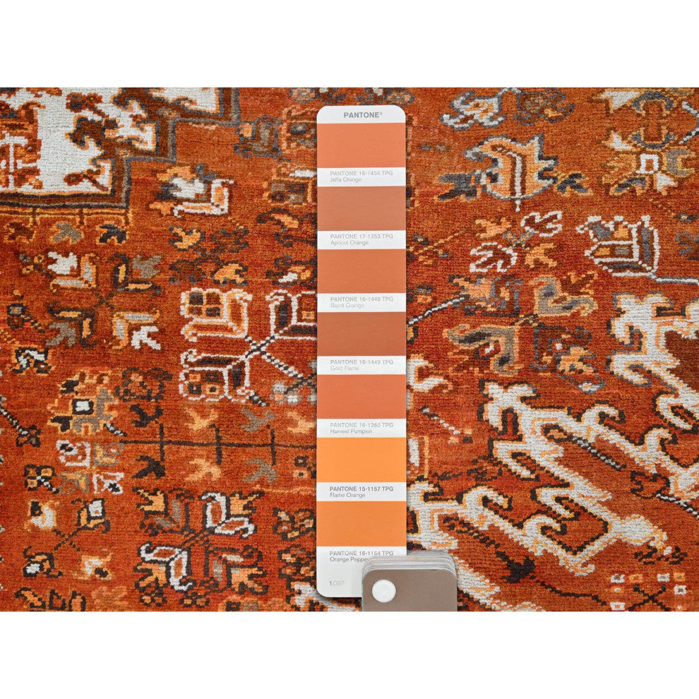 Alloy Orange Semi Antique Persian Heriz Worn Wool Hand Knotted Rug 10'2"x13'