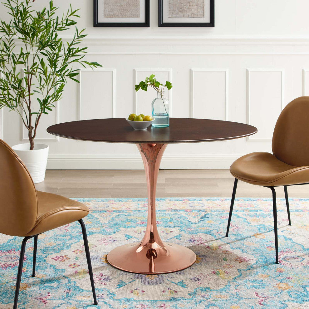 Dining Table, Oval, Wood, Rose Gold Dark Brown Brown Walnut, Modern, Cafe Bistro