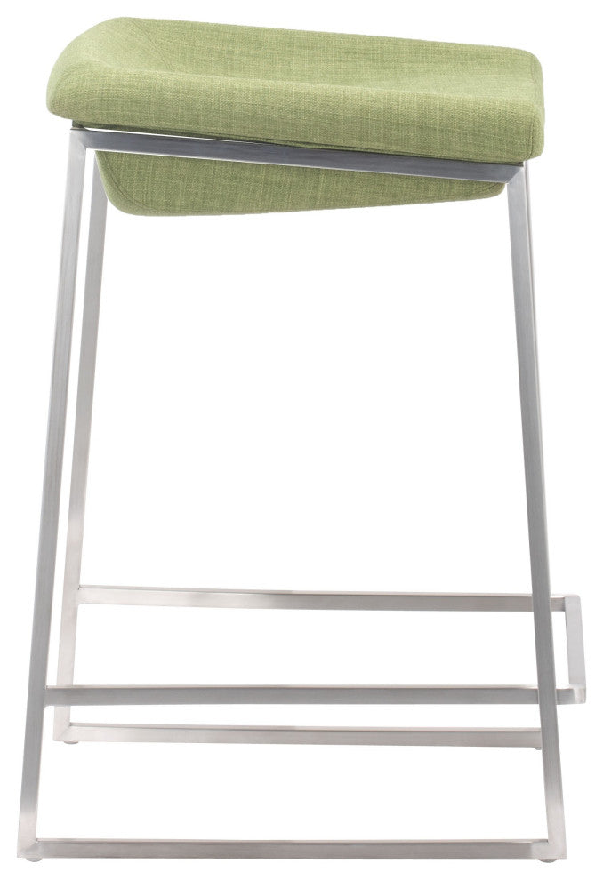 Set of Two Heathered Green and Stainless Indented Counter Stools