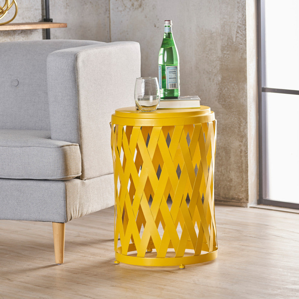 GDF Studio Pecola Indoor Lattice Iron Side Table, Matte Yellow, 14"