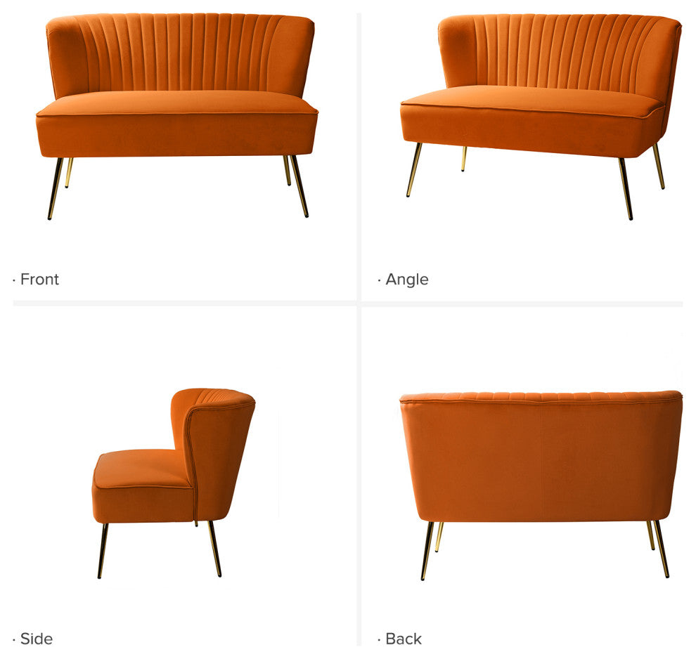 Velvet Tufted Loveseat Sofa With Golden Base, Orange