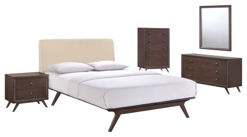 Modern Contemporary Set of 5, Queen Size Bedroom Set, Beige, Fabric, Wood