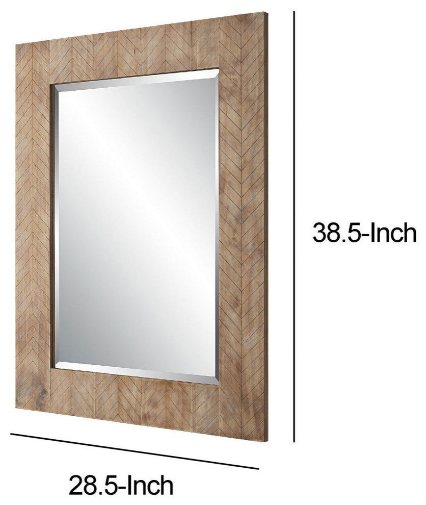 39 Inch Wood Frame Wall Mirror, Chevron Design, Brown