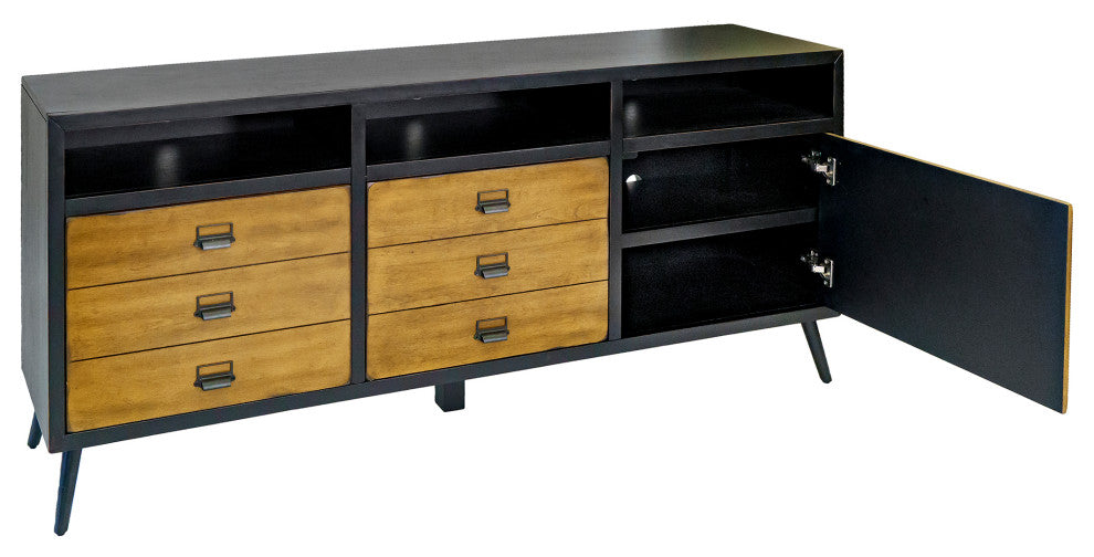 Mid-Century 70" TV Console, Entertainment Stand, Fully Assembled, Black