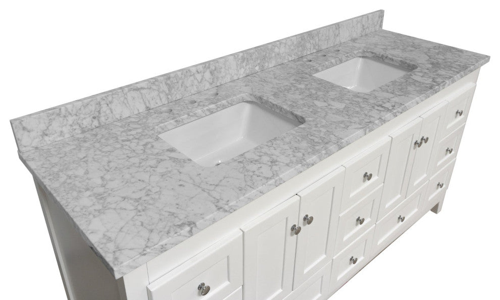 Abbey 72" Double Bath Vanity, White, Carrara Marble