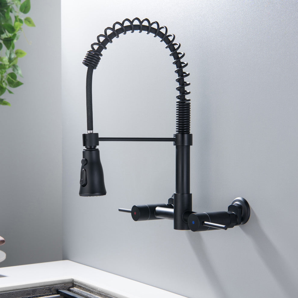 Wall Mounted Bridge Kitchen Faucet With 3 Function Sprayer And Spring Spout, Mat
