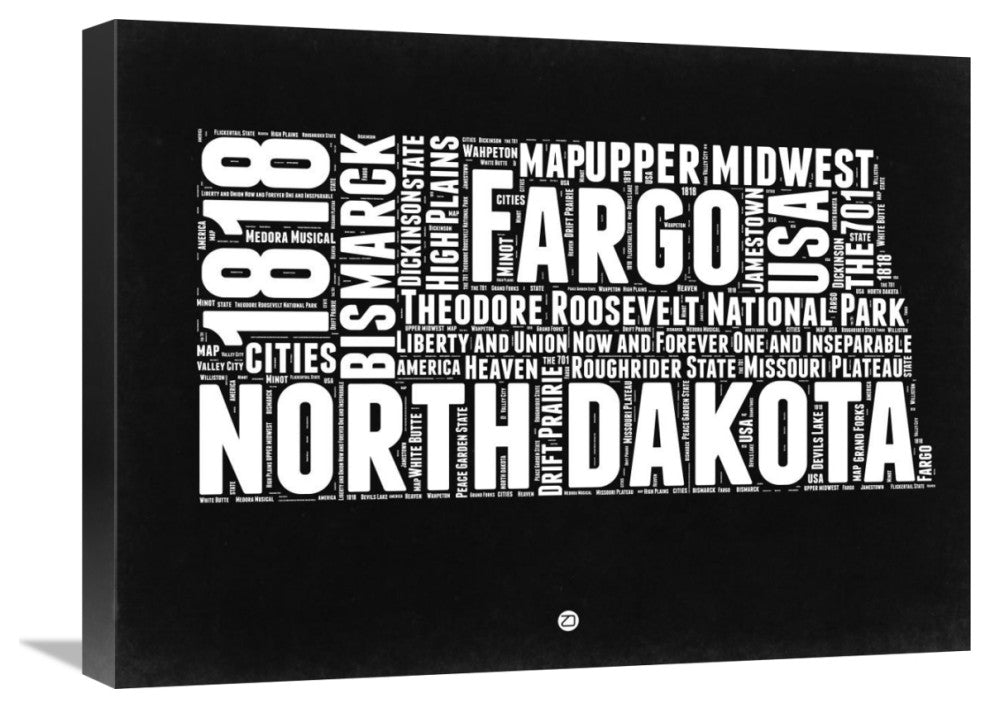"North Dakota Black and White Map" Fine Art Print