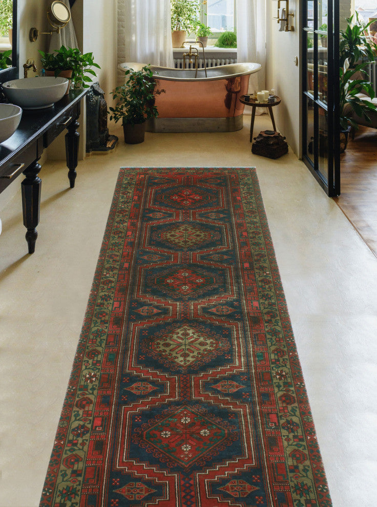 Fine Vintage Distressed Pareeya Red/Navy Runner, 3'6x10'2