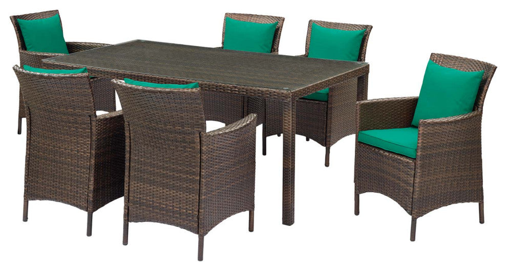 Side Dining Chair and Table Set, Rattan, Wicker, Brown Green, Modern, Outdoor