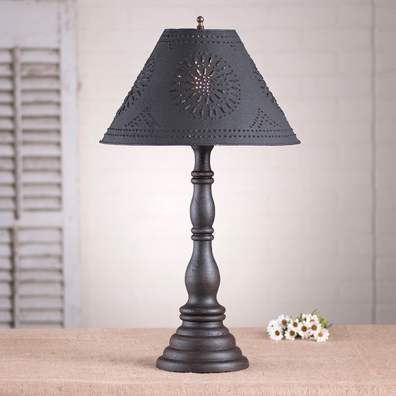 Wood Table Lamp With Punched Tin Shade USA Handmade Davenport, Americana Black